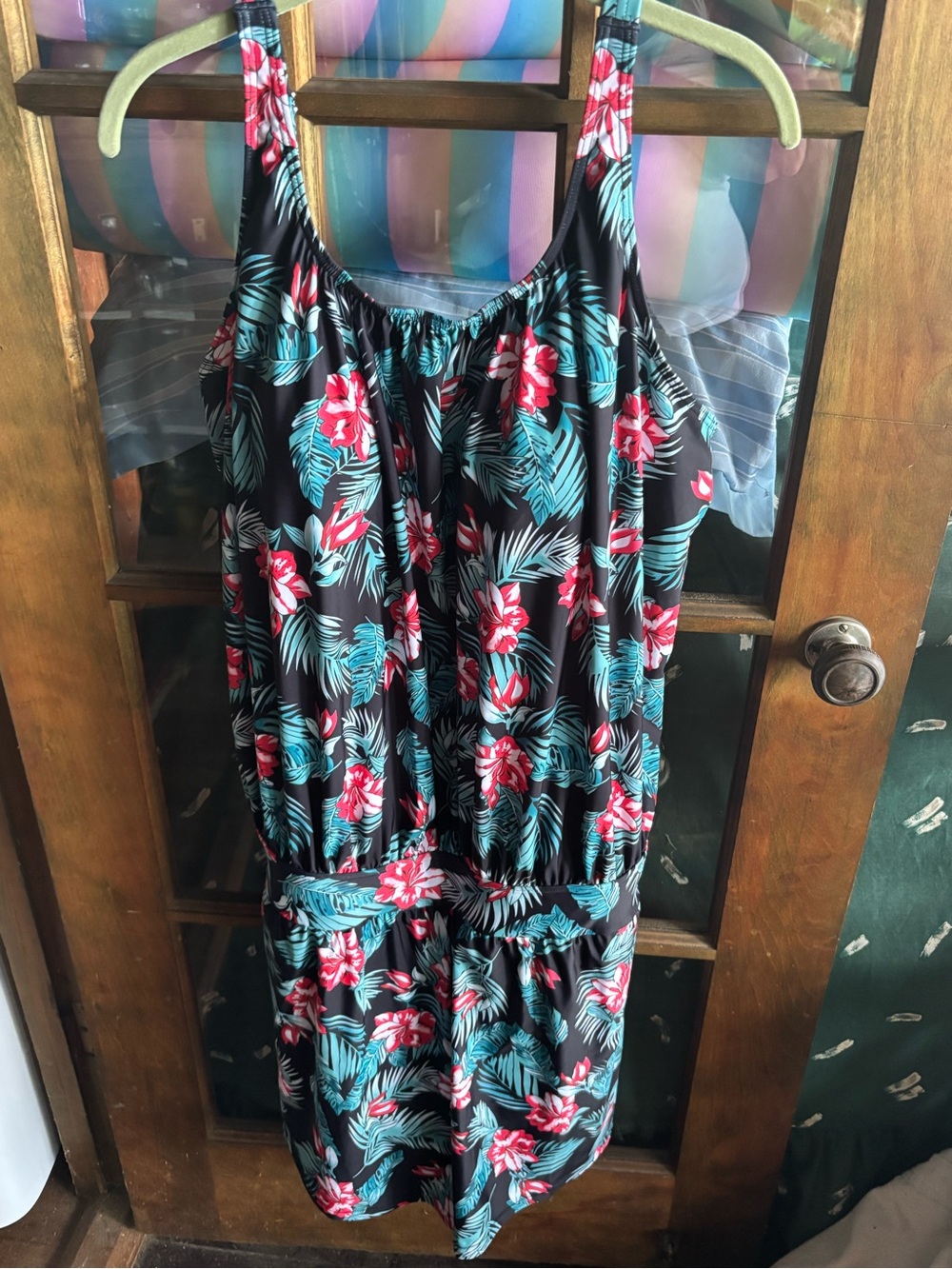 BloomChic Black Floral Swim Romper with Teal & Red Print